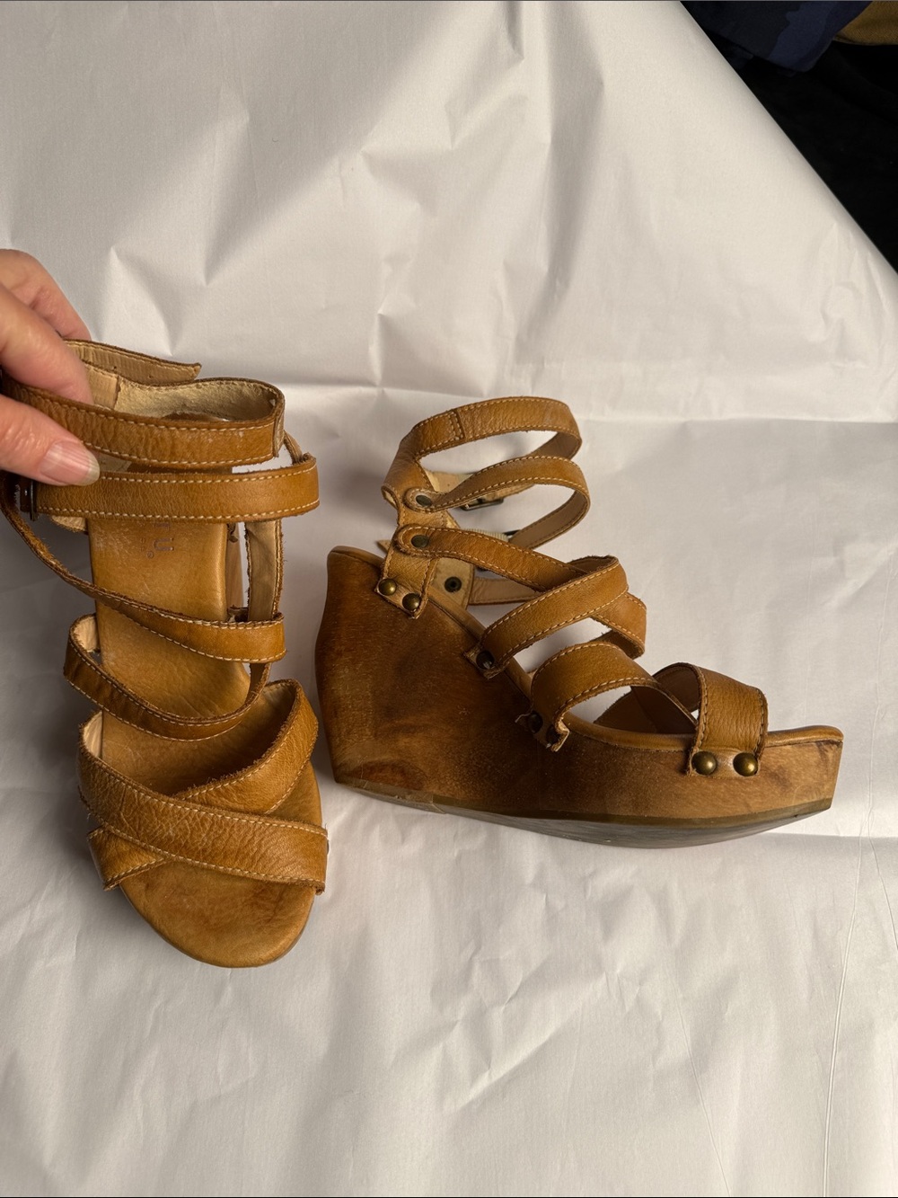 BED STU Brown Leather Strappy Wood Platform Wedge Sandals Boho Artisan 7